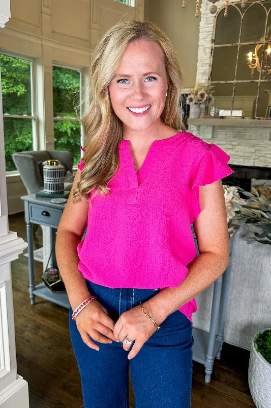 Black Friday Deal - The Lauren Textured Ruffle Sleeve V Neck Staple Shift Top Hot Pink