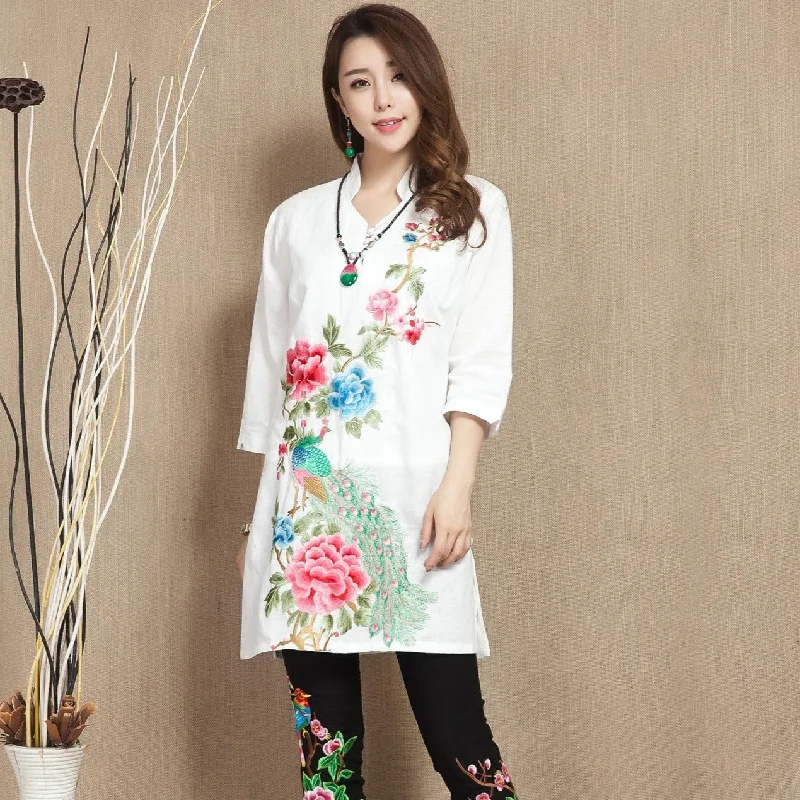 V Neck 3/4 Sleeve Floral Embroidery Long Chinese Blouse