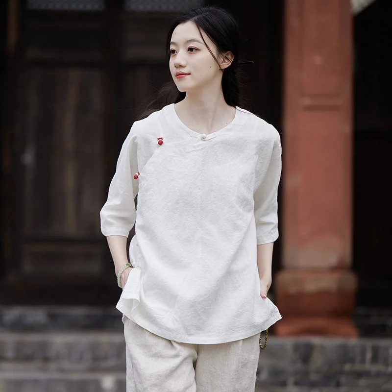 V Neck Cotton & Linen Loose Traditional Chinese Blouse