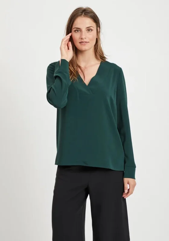 Vila Long Sleeve V Neck Top, Green