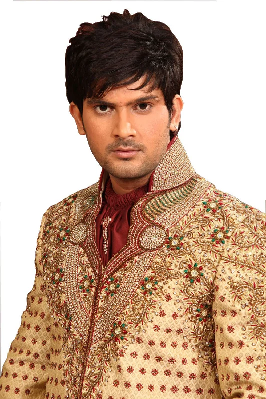 Zari Brocade V Neck Indian Wedding Gold Sherwani For Men