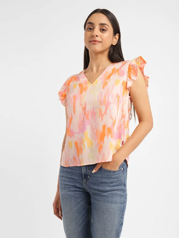 Women's Abstract Peach V Neck Top