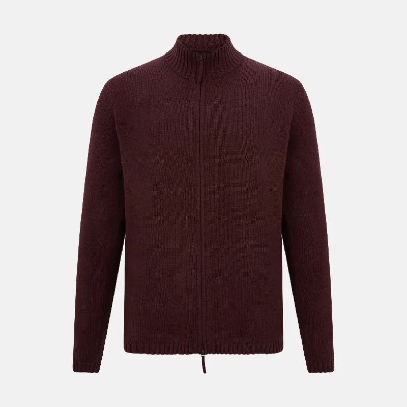 Burgundy Merino High Neck Zipped Cardigan