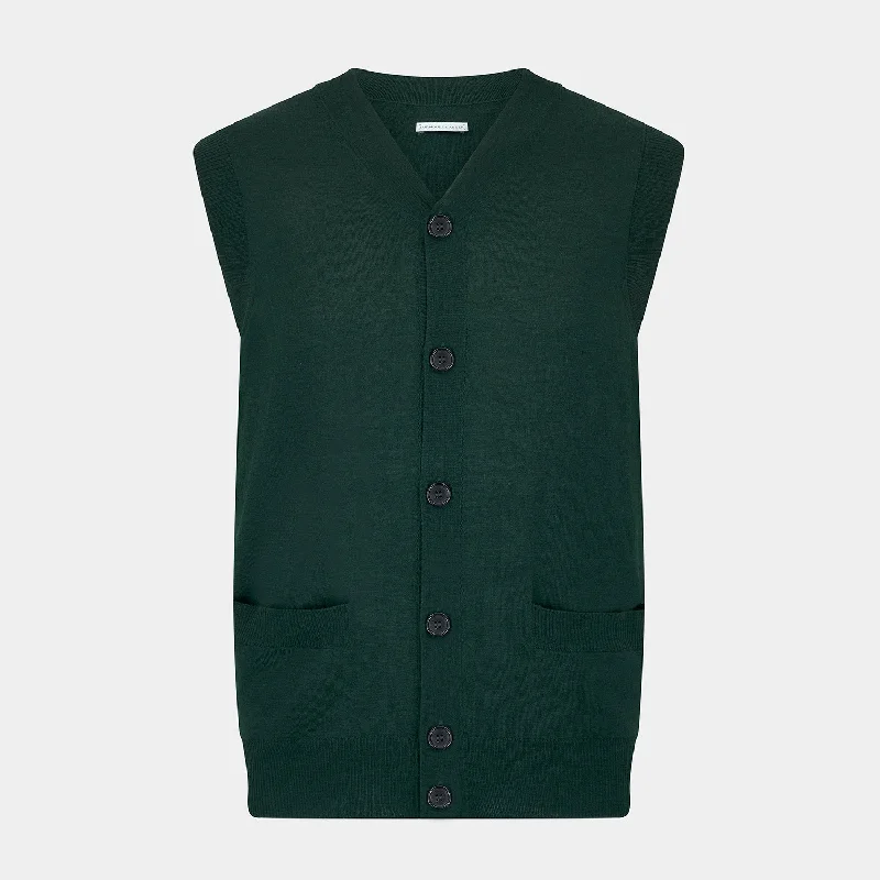 Forest Green Fine Merino V-Neck Sleeveless Cardigan