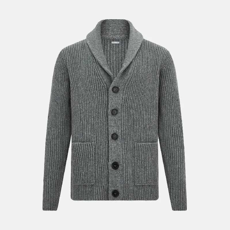 Grey Melange Cashmere Shawl Collar Cardigan