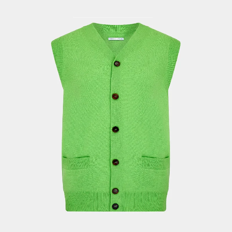 Lime Green Fine Merino V-Neck Sleeveless Cardigan