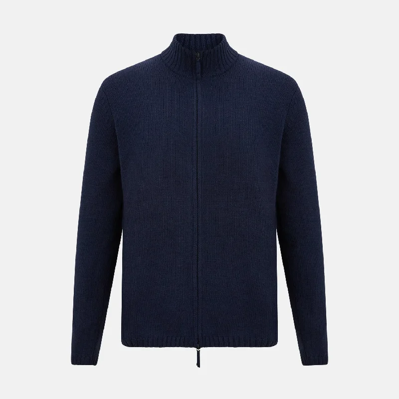 Navy High Neck Merino Zipped Cardigan