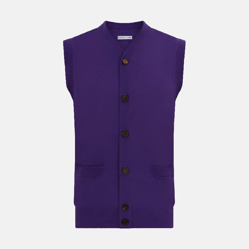 Purple Fine Merino V-Neck Sleeveless Cardigan