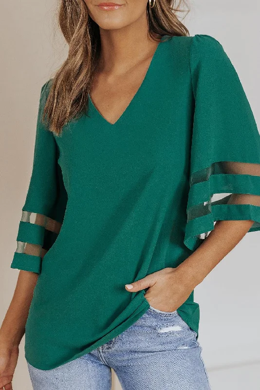 Hazel Blues® | Sheer Striped Flare Sleeve V-Neck Blouse