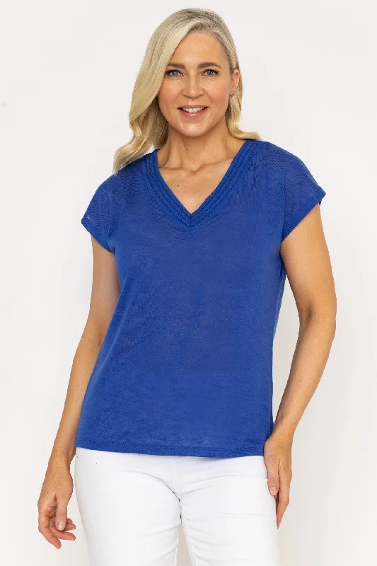 V Neck Slub Top With Neck Details in Blue