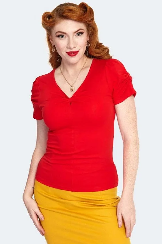 Red V Neck Ruched Top