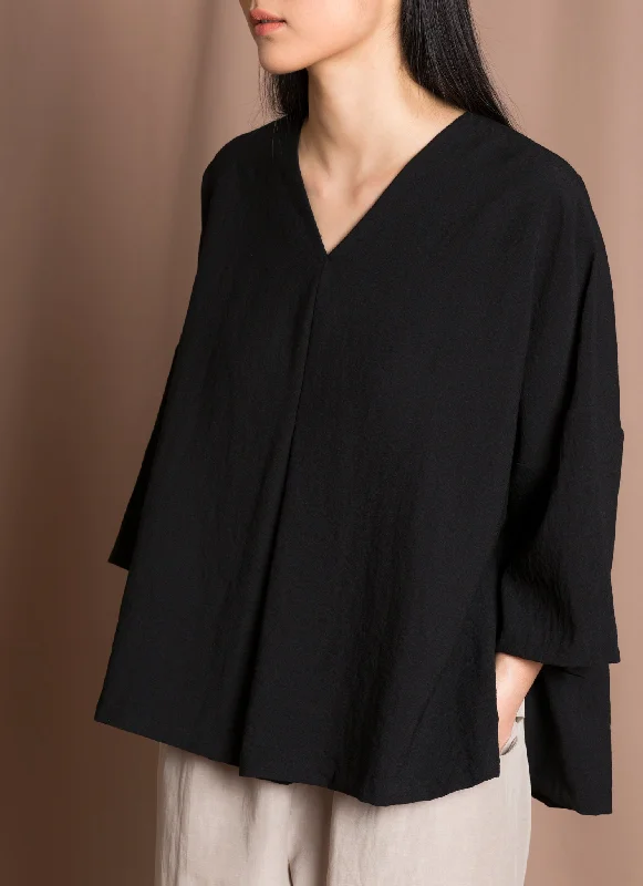 Water Chestnut Dropped Shoulder V-Neck Top - Black