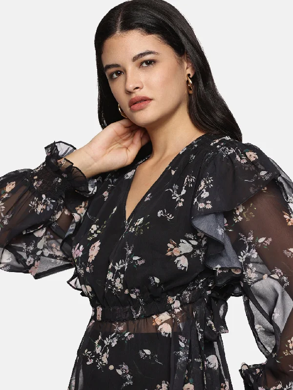 IS.U Floral Black V-Neck Smocked Sleeve Top