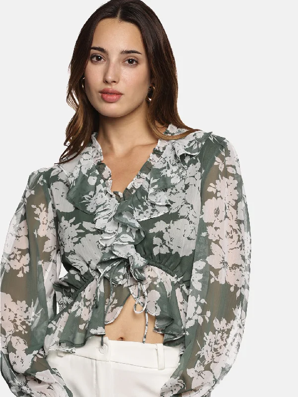 IS.U Floral Green V-Neck Blouson Sleeve Top