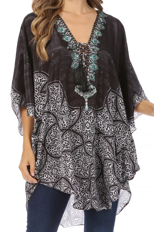 Sakkas Tallulah Wide Circle Blouse V Neck Top With Tassle Ties And Rhinestones