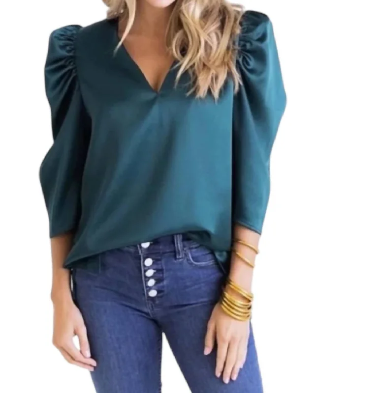 Forest V-Neck Puff Sleeve Top In Teal