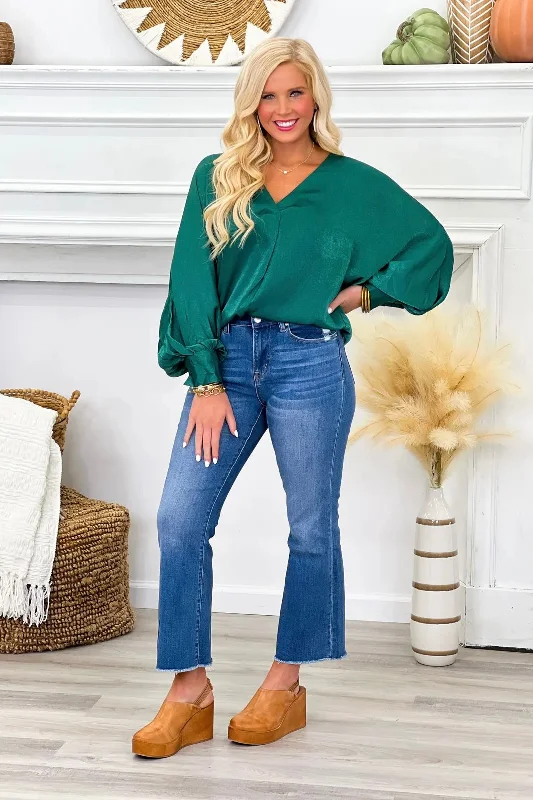 Hunter Green V-Neck Cuff Sleeve Top