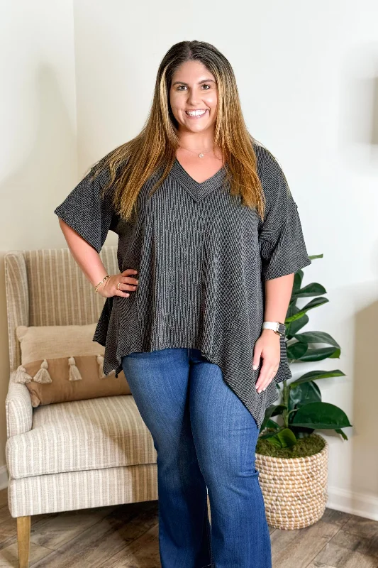 Charcoal Textured V Neck High Low Top *Final Sale*