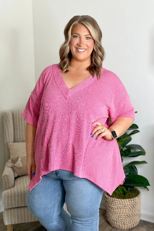 Hot Pink Textured V Neck High Low Top *Final Sale*