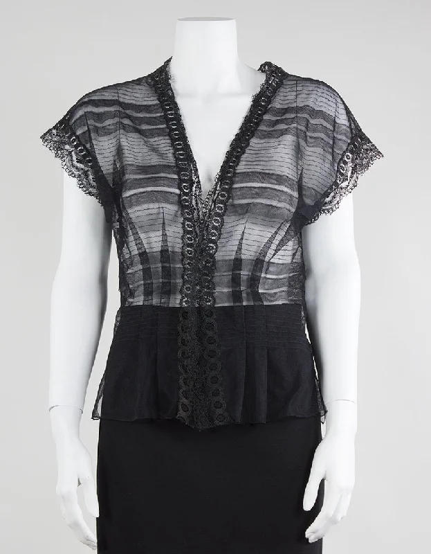 La Perla Sheer Lace V-Neck Capped Sleep Top With Stripe Design Size 44