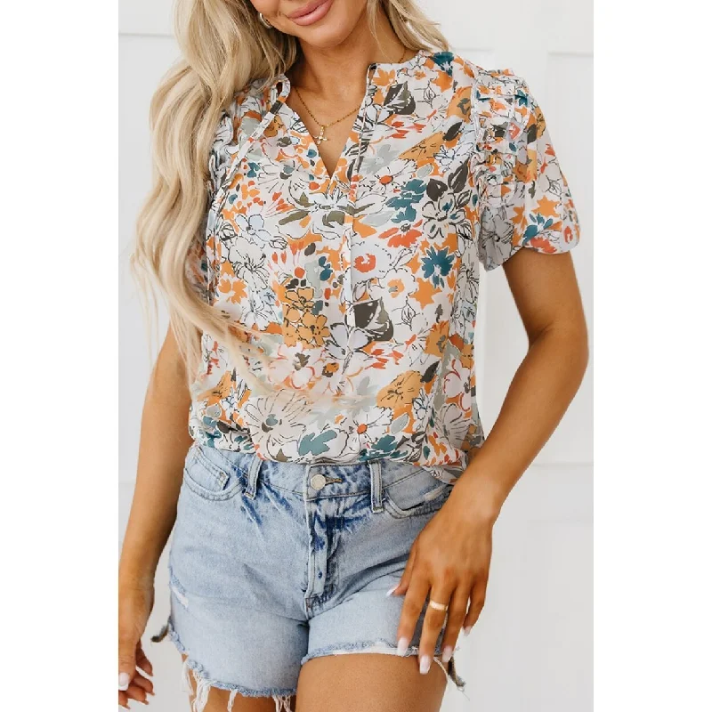 Milena Split V Neck Puff Sleeve Flower Print Blouse