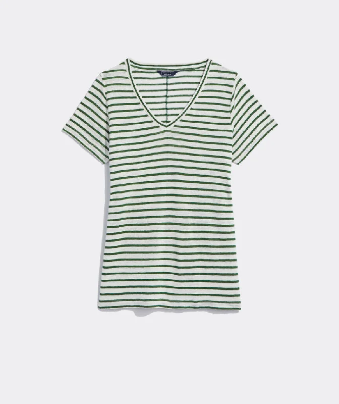 Vineyard Vines Women's Linen V-Neck Tee - DV Stripe - Cypress