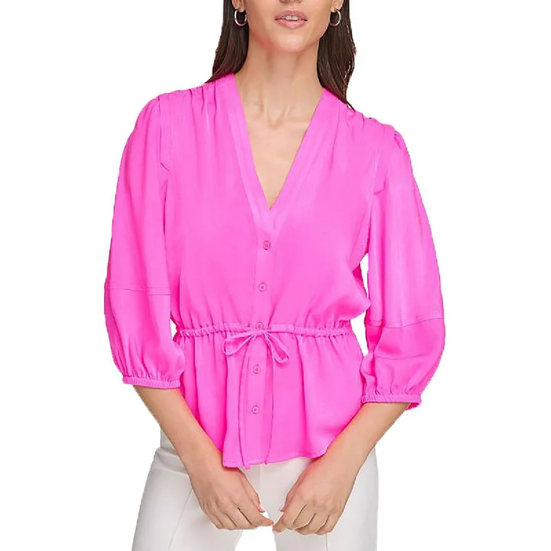 Womens V-Neck Drawstring Button-Down Top