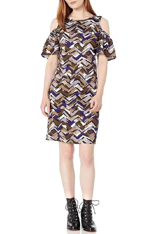 Nine West Scoop Neck Cutout Shoulder Short Sleeve Zipper Back Multi Print Scuba Dress