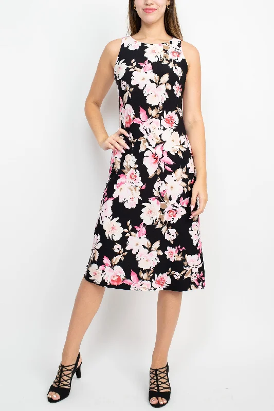 Nine West Crew Neck Sleeveless Floral Print Zipper Back A-Line ITY Dress