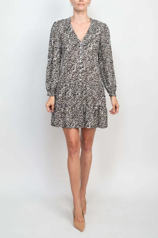 Emma & Michele Stand Collar V-Neck Long Sleeve Button Cuff Animal Print Chiffon Short Shift Dress