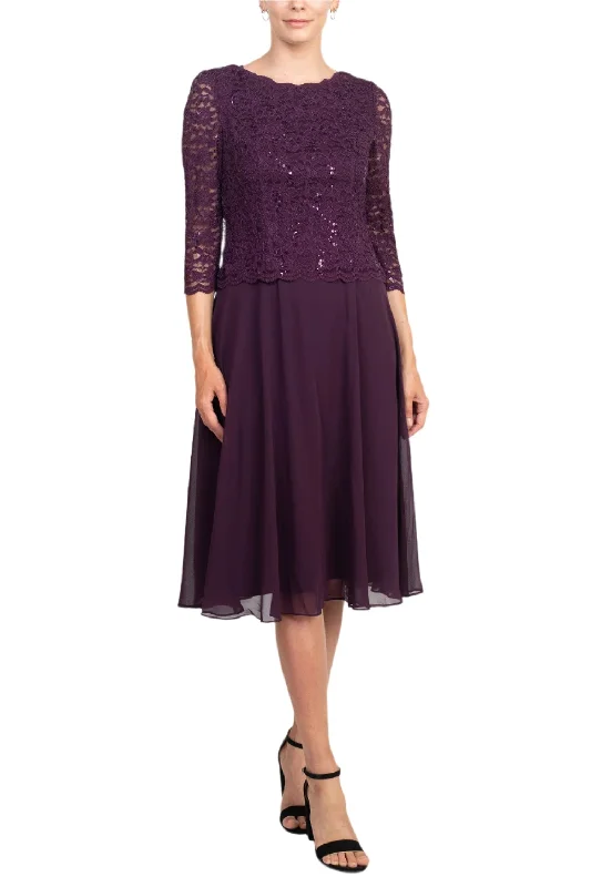 Alex Evenings Jewel Neck 3/4 Sleeve Embellished Lace Bodice Zipper Back Solid Tea-Length Lace & Chiffon Dress