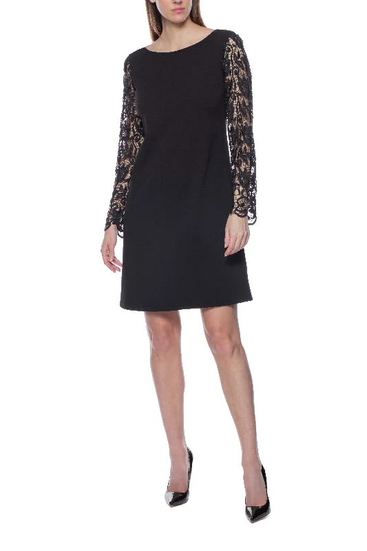 Marina Boat Neck Long Lace Sleeves Back Zipper Short Crepe Dress