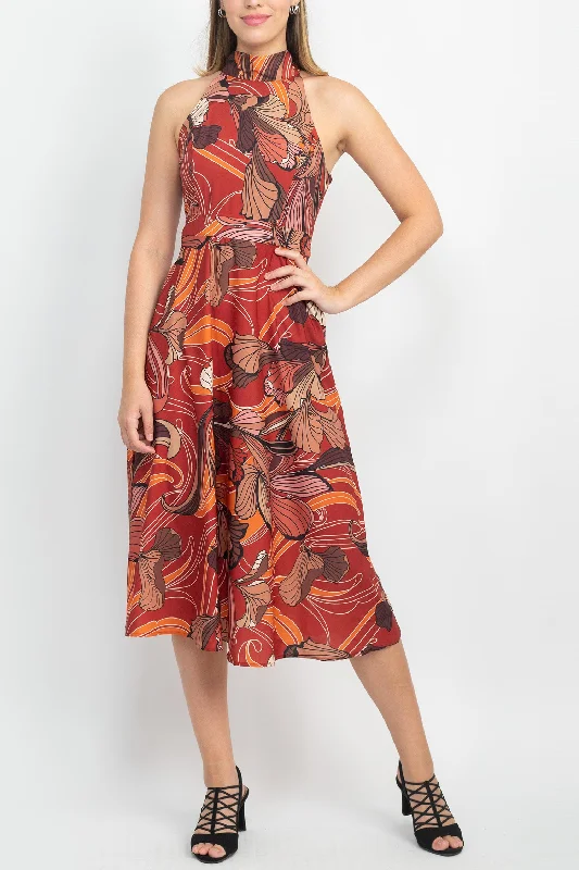 Tahari ASL High Tie Neck Sleeveless Multi Print Fit & Flare Satin Dress