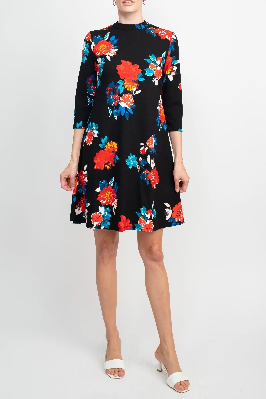 Danillo Crew Neck 3/4 Sleeve A-Line Zipper Back Floral Print Crepe Dress