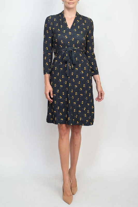 French Connection V-Neck Long Sleeve Tie Back Multi Print Jersey Dress