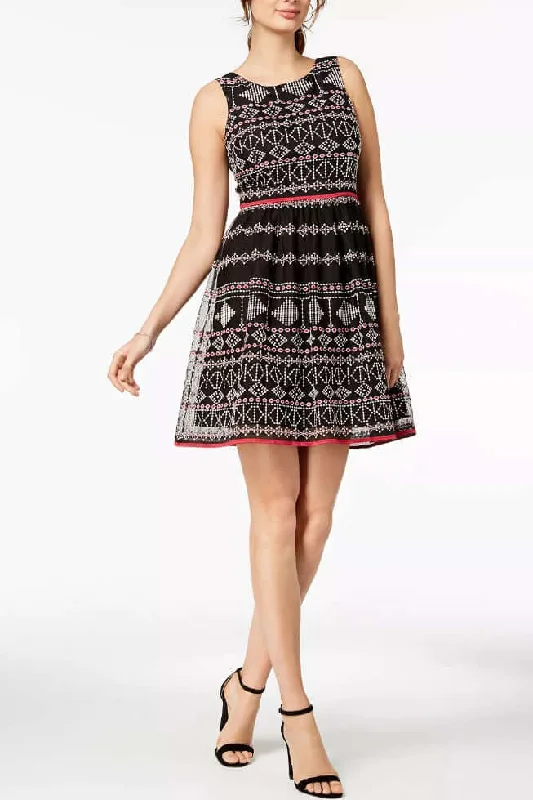 Taylor Boat Neck Sleeveless A-Line Piping Detail Zipper Back Multi Print Mesh Dress