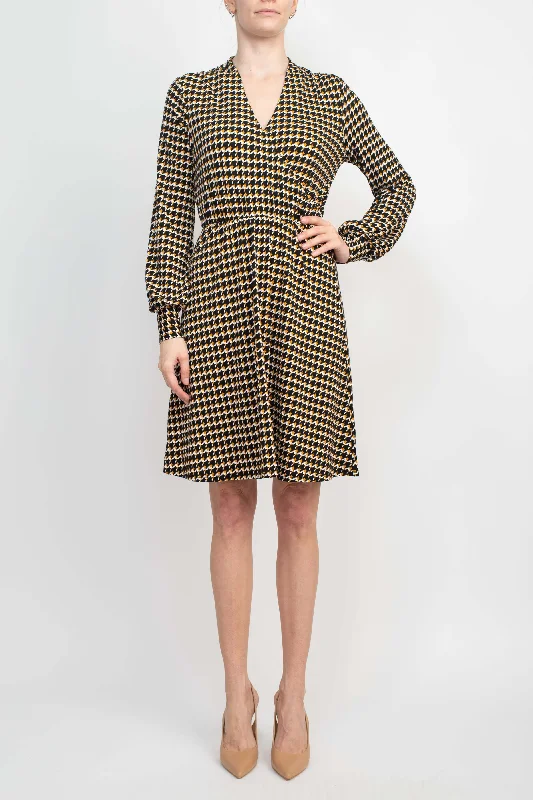 Adrianna Papell V-Neck Long Sleeve Multi Print Jersey Dress