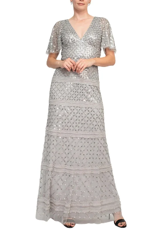 Aidan Mattox V-Neck Short Sleeve Beaded Sequined Piping Detail Zipper Back Mesh Dress