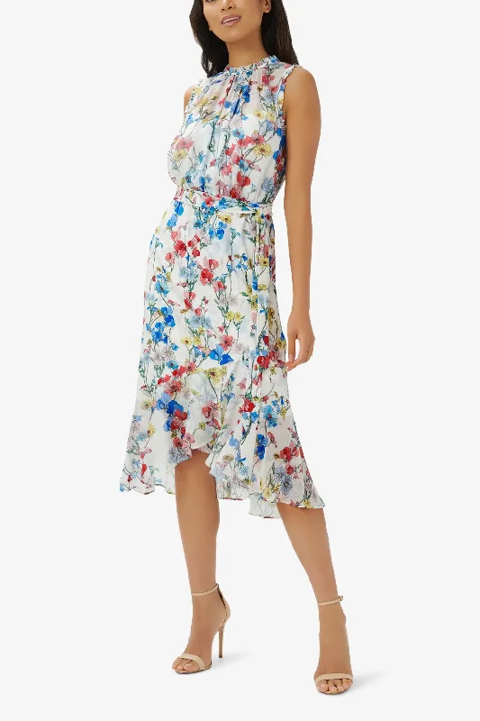 Adrianna Papell Crew Neck Back Zipper Sleeveless Floral Chiffon Midi Dress