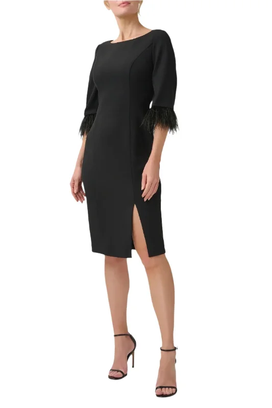 Adrianna Papell Boat Neck 3/4 Sleeve Feather Trim Embellishment Back Zipper Midi Dress (Petite)