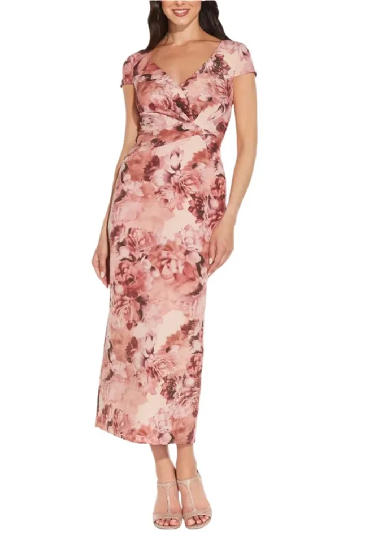 Adrianna Papell V-Neck Cap Sleeve Gathered Front Zipper Back Ribbed Column Floral Print Metallic Dress