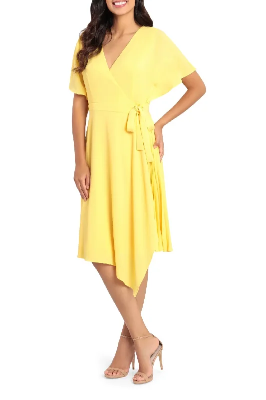 Maggy London Surplice V Neck Short Sleeves Midi Crepe Dress