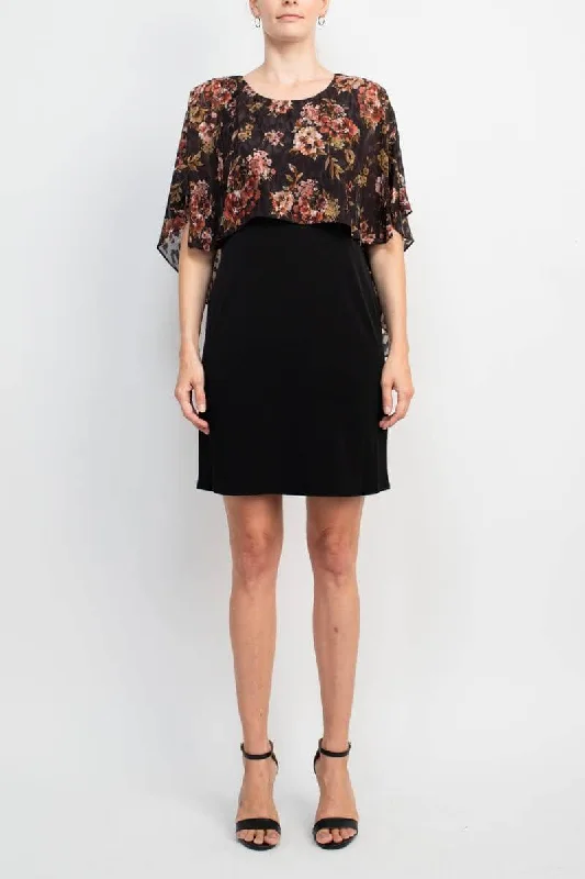 Glamour Nights Scoop Neck Floral Print Cape Short Sleeve ITY Dress