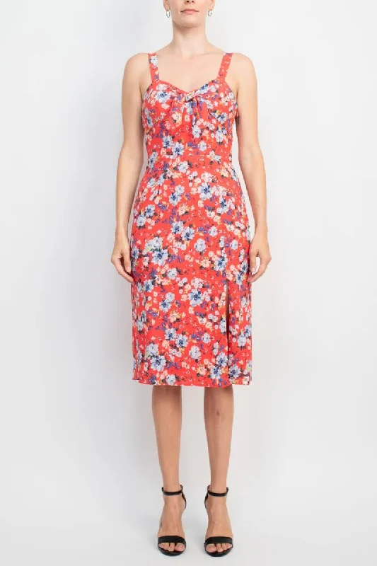 BCBG Generation Strap Shoulder Sweetheart Neck Bow Detail Keyhole Front Elastic Back Floral Print Crepe Dress