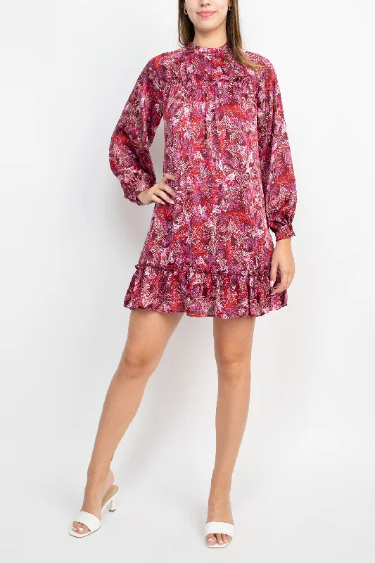 BCBG Generation Crew Neck Ruffle Detail Long Sleeve Cutout Back Multi Print Satin Dress