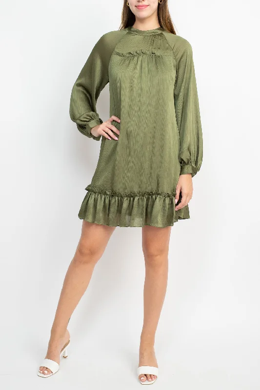 BCBG Generation Crew Neck Long Sleeve Ruffled Detail Cutout Back Solid Satin Dress