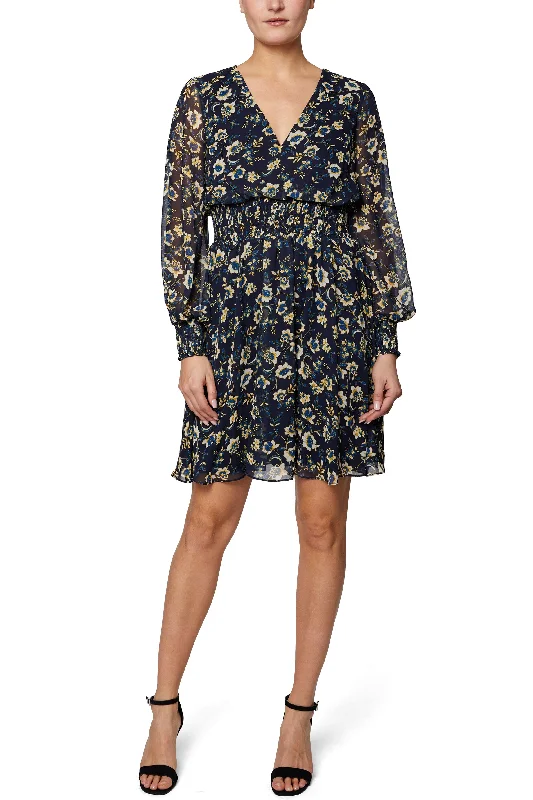 Laundry V-Neck Long Sleeve Elastic Waist Floral Print Chiffon Dress