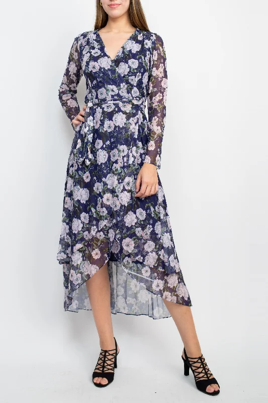 Laundry V-Neck Long Sleeve Tie Waist Floral Print Tiered Power Mesh Dress