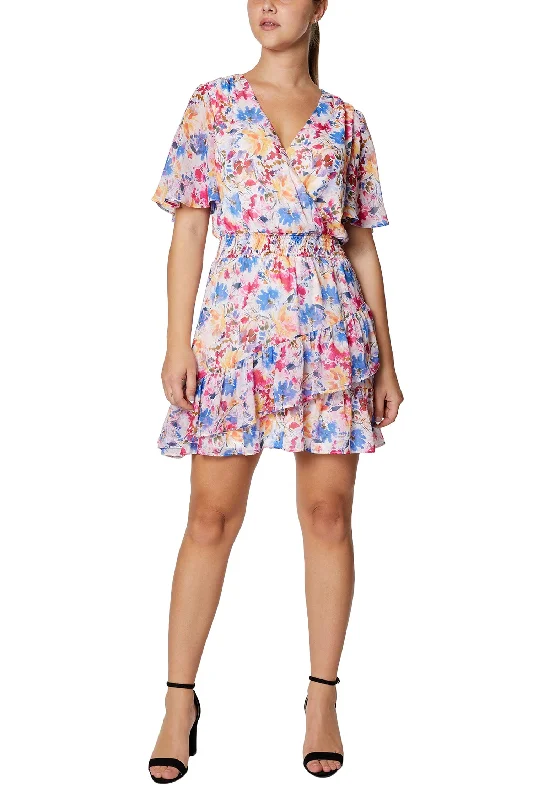 Laundry V-Neck Short Sleeve Elastic Waist Asymmetrical Tiered Floral Print Linen Dress