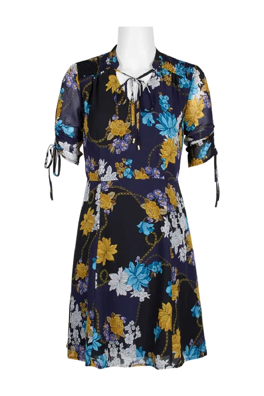 Sharagano Madarin Collar Tie Neck Adjustable Sleeve Elastic Waist Floral Print Chiffon Dress